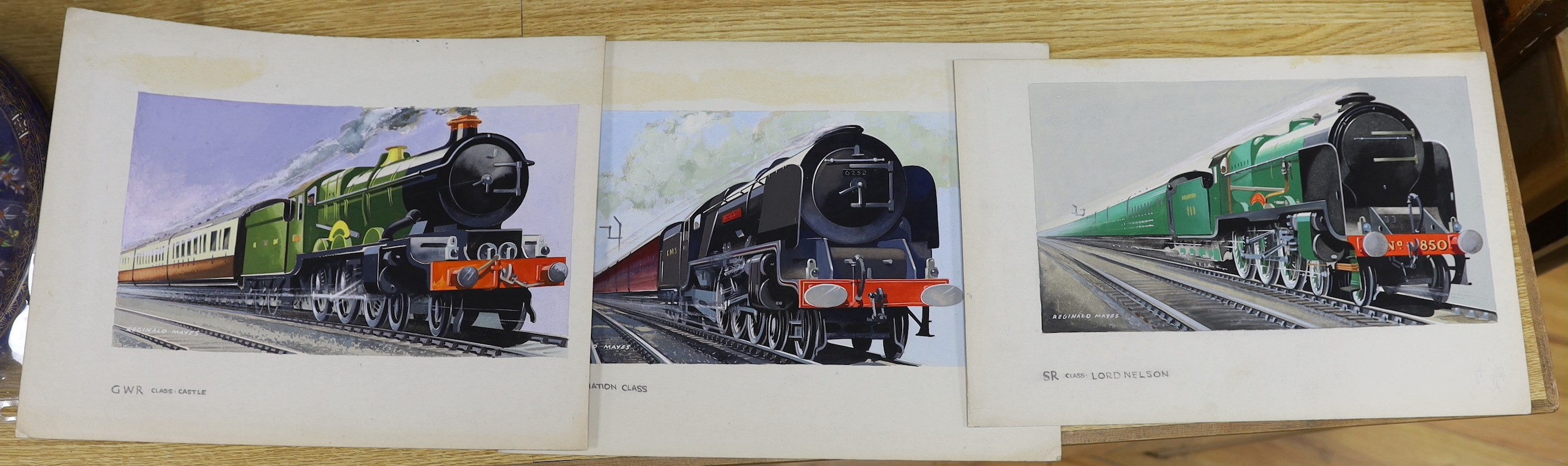 Reginald Mayes, three gouache, Vintage steam locomotive, overall 27 x 34cm, unframed